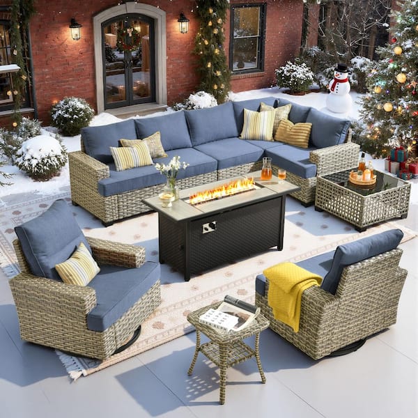 Torino Gray 10-Piece Wicker Outdoor Patio Conversation Sofa Sectional Set with a Metal Fire Pit and Denim Blue Cushions