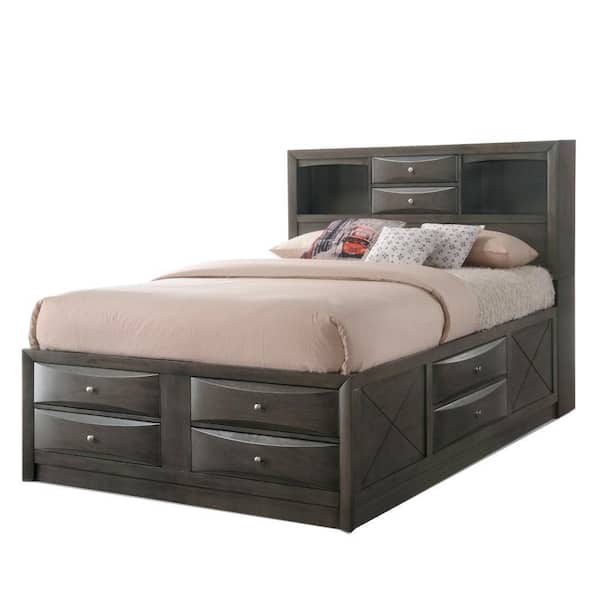 Taupe Brown Wood Frame Eastern King Size Panel Bed with Bookcase and Drawers