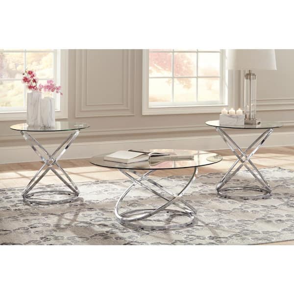 Signature DESIGN BY ASHLEY Hollynyx 38 in. Chrome/Clear Round Glass Coffee Table (Set of 3)