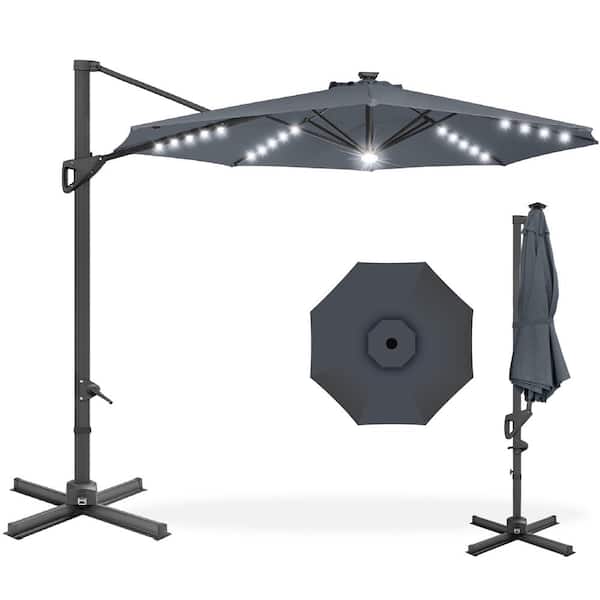 Best Choice Products 10 ft. 360-Degree Solar LED Cantilever Patio Umbrella, Outdoor Hanging Shade w/Lights - Slate