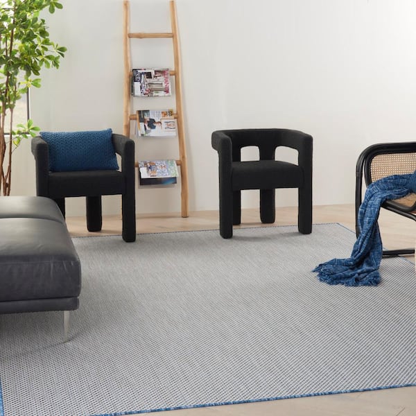 Courtyard Ivory Blue 9 ft. x 12 ft. Geometric Contemporary Indoor/Outdoor Patio Area Rug