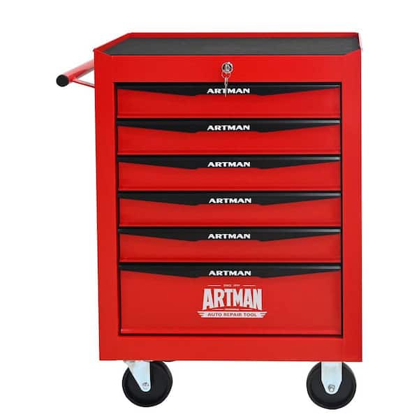 13 in. W 6-Drawer Rolling Metal Black and Red Tool Carts with Ball Bearing Drawer Slides and Steel Tool Storage Box