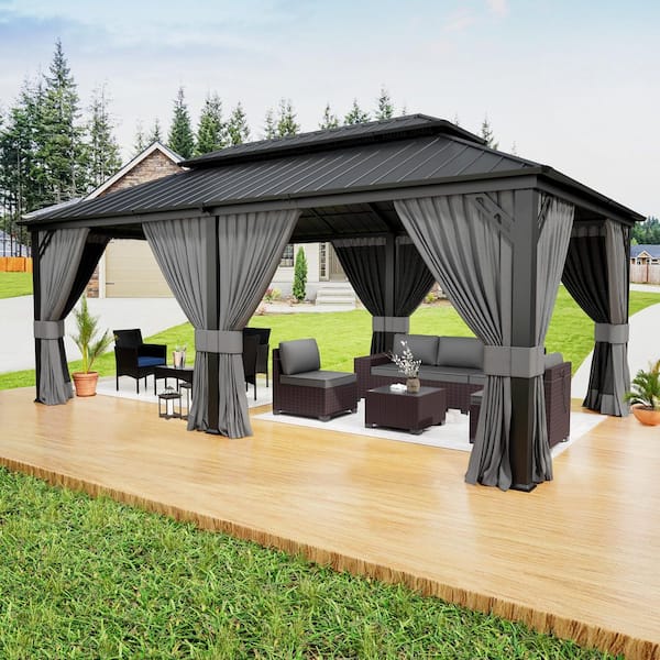 12 ft. x 20 ft. Gray Hardtop Gazebo with Curtain Grey