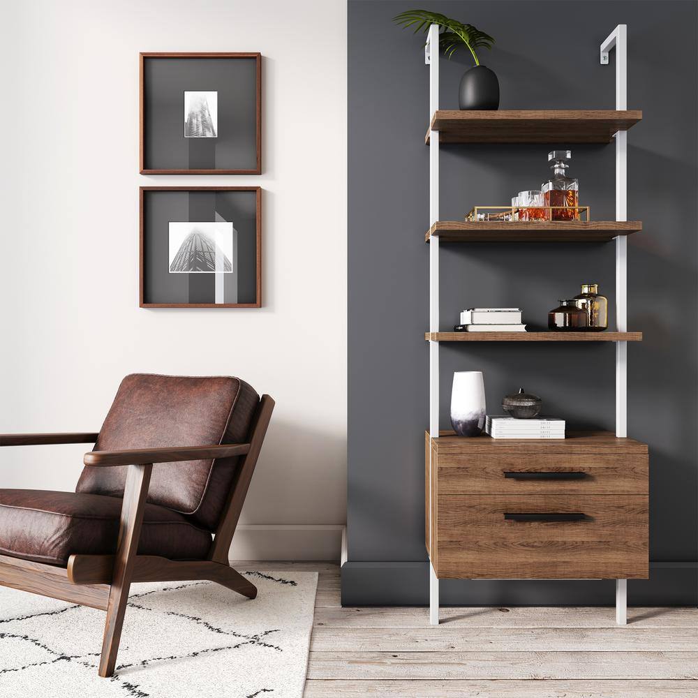 Theo Oak and White 3-Tier Ladder Bookshelf with Storage Drawers