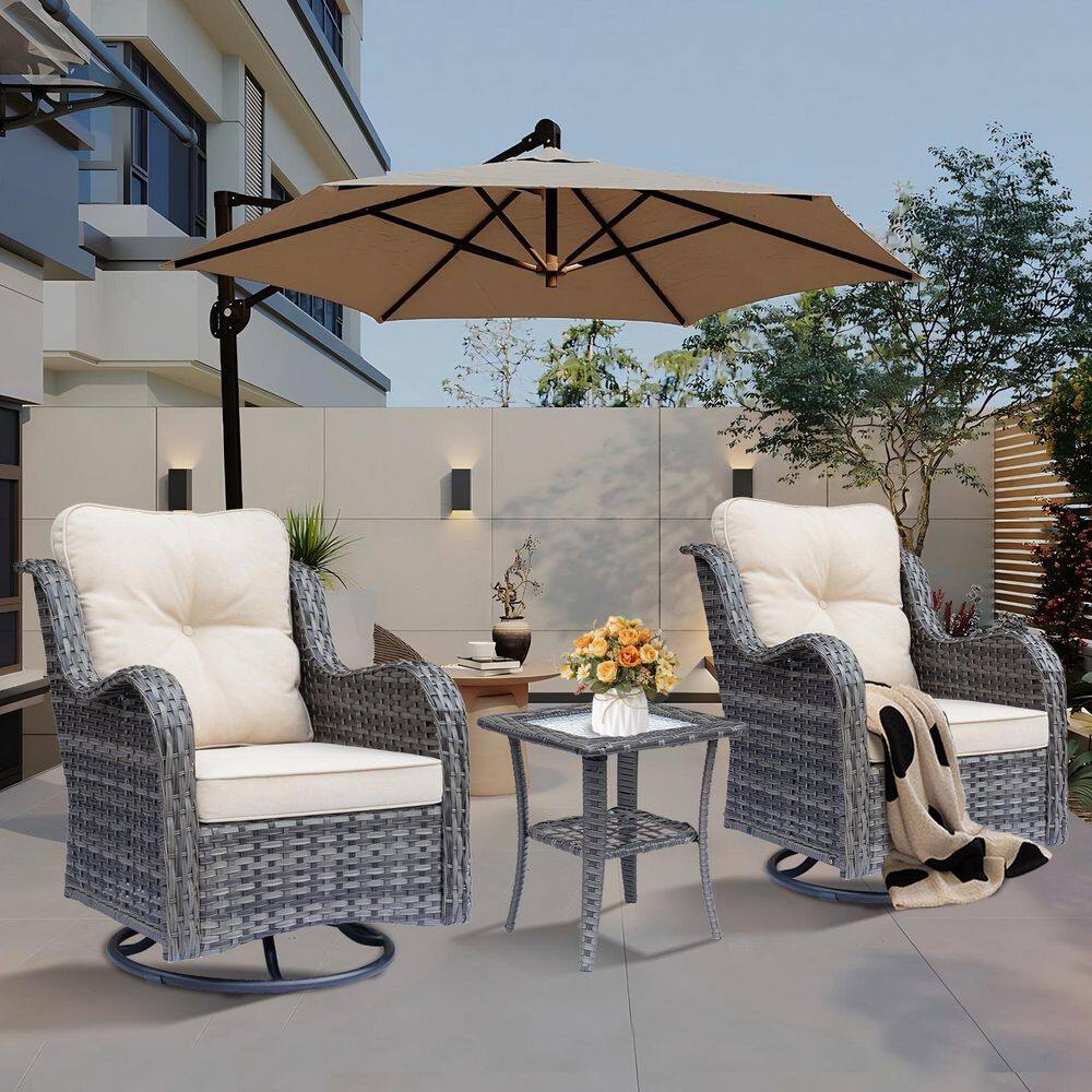 Gray 3-Piece Wicker Patio Conversation Set with All-Weather Swivel Rocking Chairs Light Beige Cushions price history on PriceWatchPro