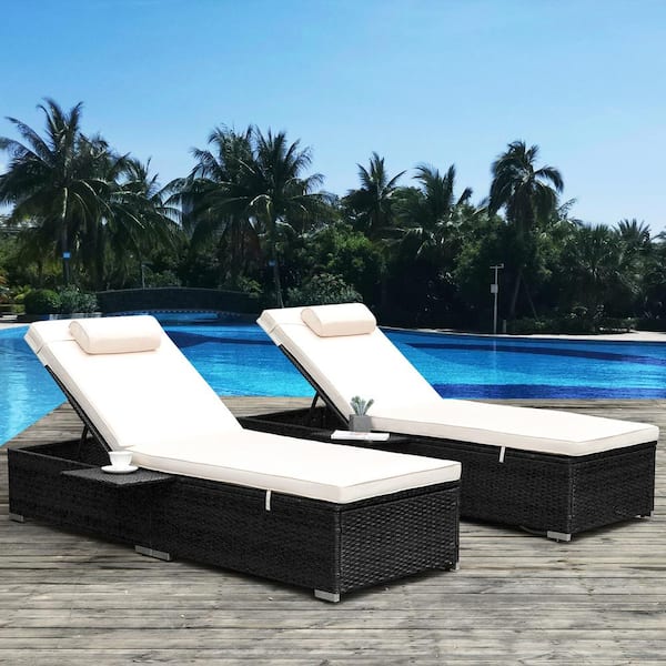Unbranded 2 Pack Dark Coffee Wicker Outdoor Patio Chaise Lounge Chair, with Reclining Adjustable Backrest and Beige Cushions