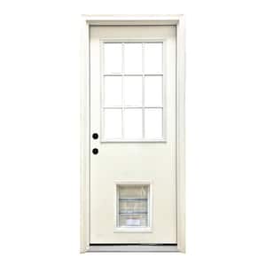 36 in. x 80 in. Reliant Series Clear 9 Lite RHIS White Primed Fiberglass Prehung Back Door with Large Pet Door