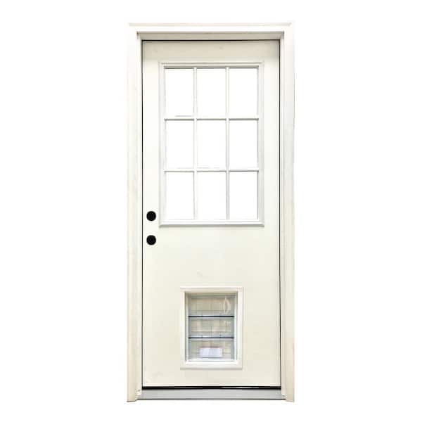 Steves & Sons 36 in. x 80 in. Reliant Series Clear 9 Lite RHIS White Primed Fiberglass Prehung Back Door with Large Pet Door