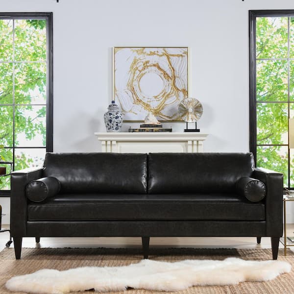 Jennifer Taylor Nicholi 84 in. Vintage Black Brown Faux Leather 3-Seat Mid-Century Modern Sofa