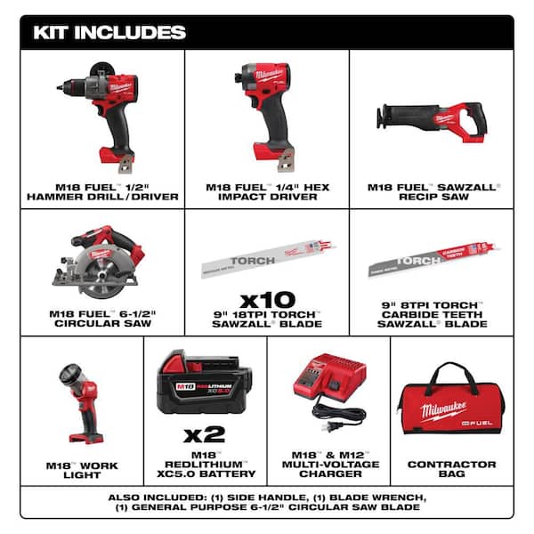 M18 FUEL 18V Lith-Ion Cordless Combo Kit (5-Tool) w/ 2 5.0 Ah Batteries, Charger & SAWZALL Blades (11-PC)