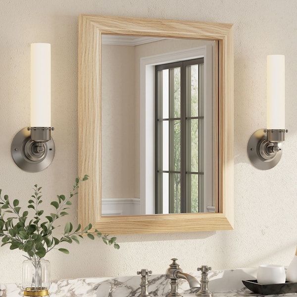 16 in. W x 20 in. H Rectangular Aluminum Alloy Framed & Tempered Glass Wall Bathroom Vanity Mirror in Light Yellow Wood