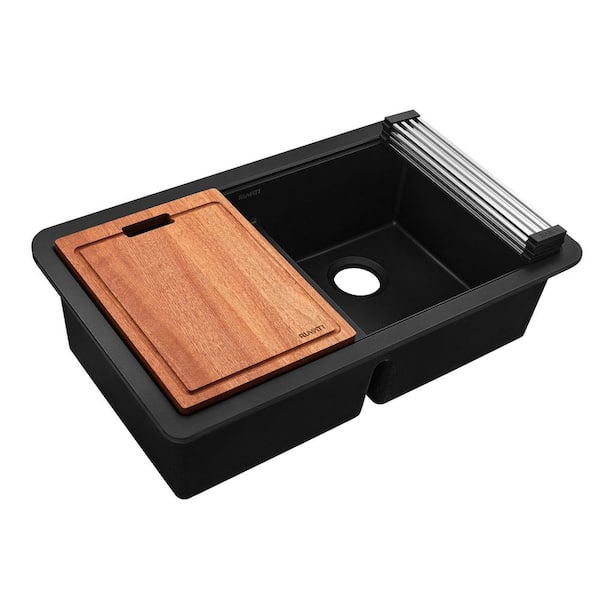 EpiGranite 33 in. Undermount Double Bowl Midnight Black Granite Quartz Composite Kitchen Sink with Accessories