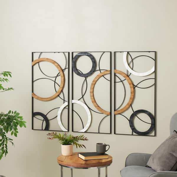 Litton Lane Metal Black Overlapping Circles Abstract Wall Decor with Brown and White Wooden Accents (Set of 3)