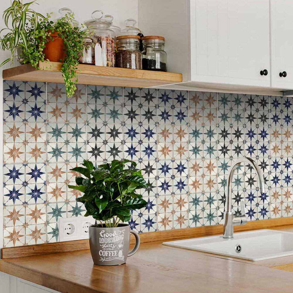 Teal Blue and Brown Star Pattern Vinyl Peel and Stick Tiles, 8x8-inch