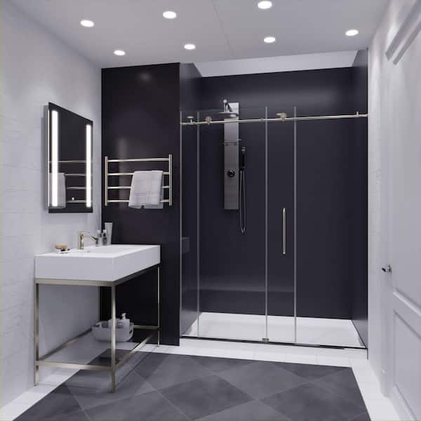 Lone Series 60 in. x 76 in. H Sliding Frameless Shower Door in Brushed Nickel  with Tsunami Guard Tempered Glass
