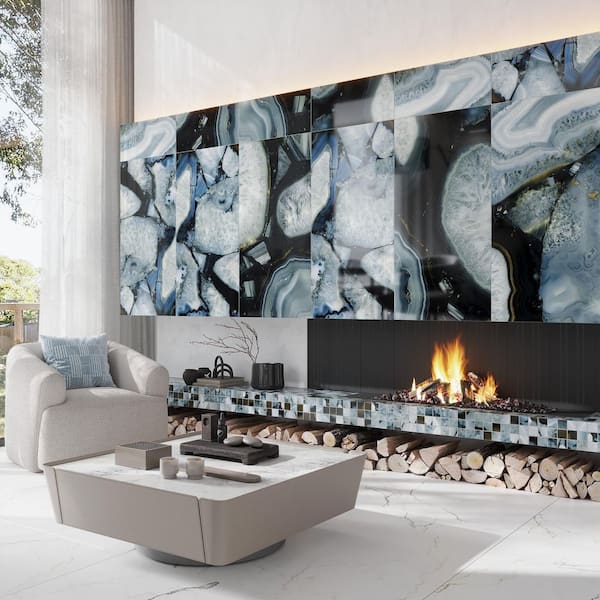 Splendor 12 in x 12 in Lappato Icy Blue Porcelain Geode Agate Mosaic Floor and Wall Tile (4.84 sq ft/case)-5 Pack