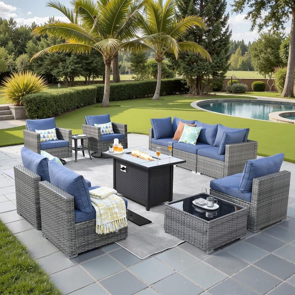 Sanibel Gray 11-Piece Wicker Patio Conversation Fire Pit Sectional Sofa Set with Swivel Chairs and Denim Blue Cushions
