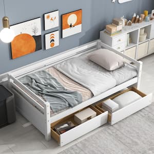 Wood Twin Daybed with Drawers, Wood Storage Daybed with 2 Storage Drawers, Wooden Platform Bed for Kids Guests, White