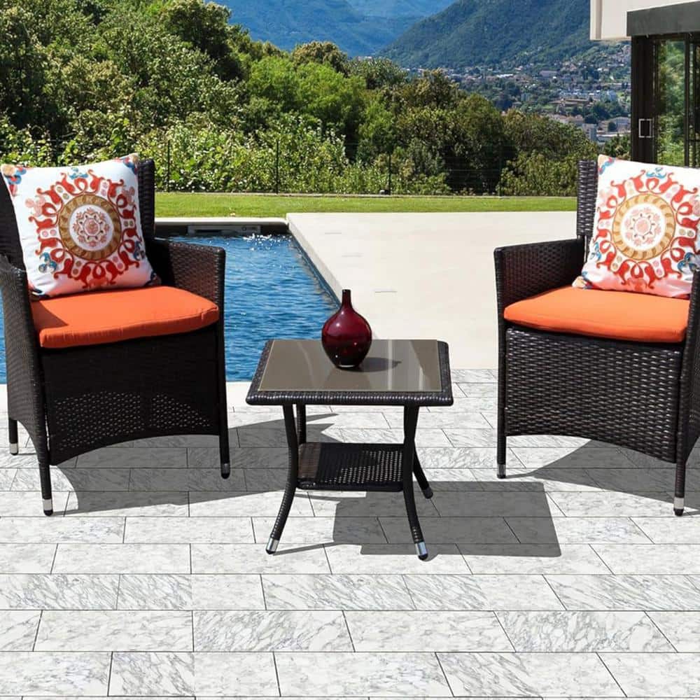 Brown Square Wicker Outdoor Side Table, Square Tempered Glass Top End Table