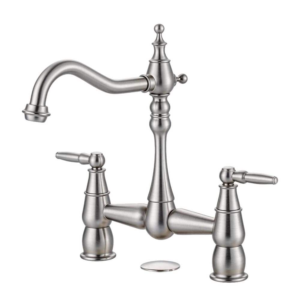 WOWOW Double-Handle Bridge Kitchen Faucet Deck-Mount, 2 Hole Brass