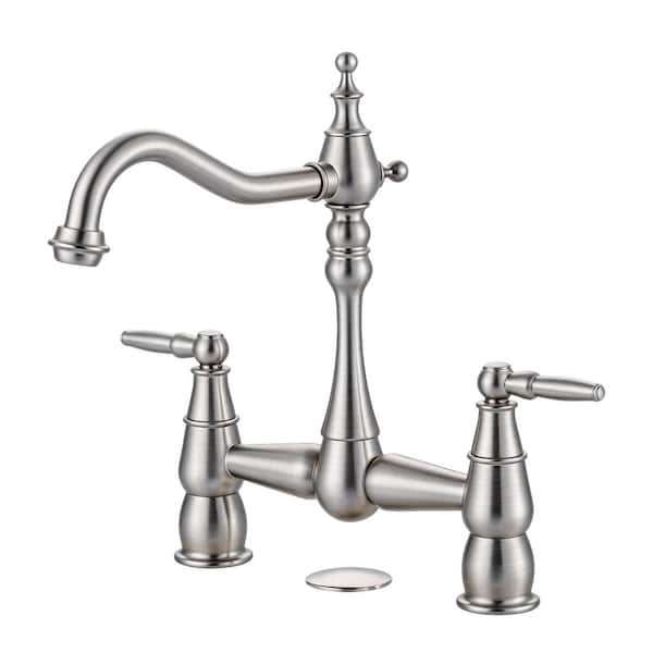 Double-Handle Bridge Kitchen Faucet Deck-Mount, 2 Hole Brass Kitchen Sink Faucet in Brushed Nickel