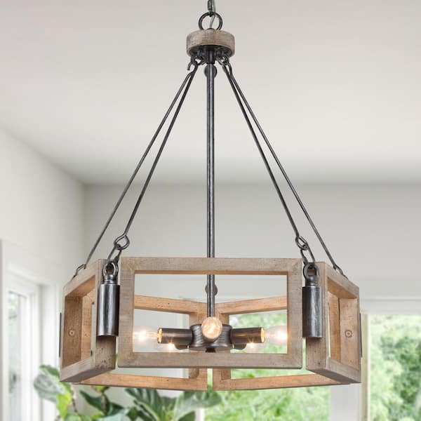 LNC Farmhouse Chandelier 5-Light Vintage Handmade Wood Drum Candlestick Chandelier with Black Silver Brushed Finish