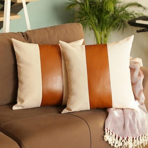 Bohemian Handmade Vegan Brown Faux Leather 17 in. x 17 in. Square Solid Throw Pillow (Set of 2)