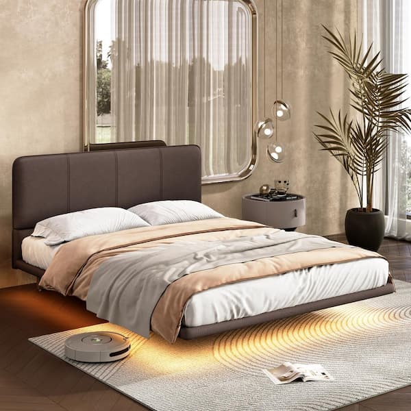 CHRISTOPHER KNIGHT HOME Chrisla Brown Wood Frame Full Size Platform Beds with LED Lighting, Modern Upholstered Leatherette Floating