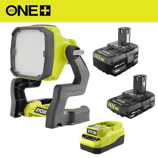 ONE+ 18V Lithium-Ion 4.0 Ah Battery, 2.0 Ah Battery and Charger Kit with ONE+ Cordless Hybrid LED Work Light