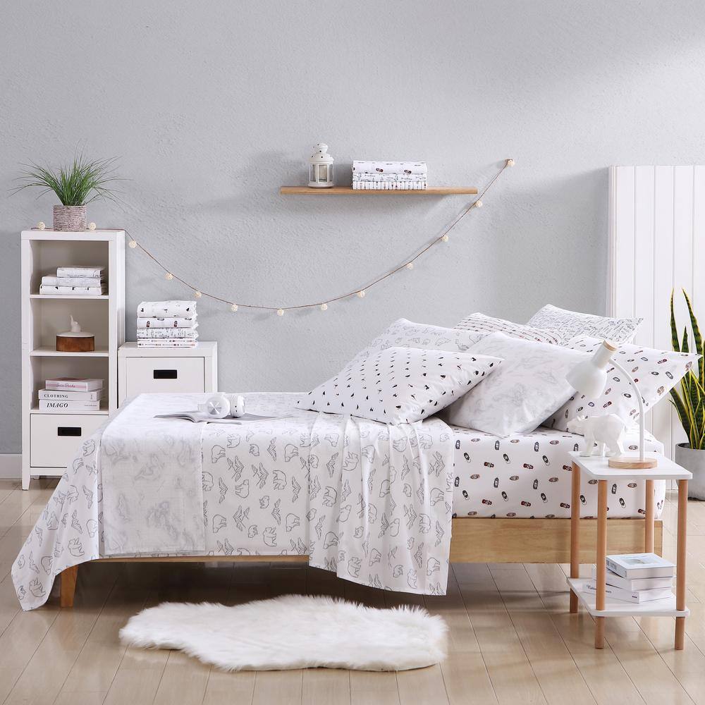 Twin Gray Cotton Percale Sheet Set with Bear Print