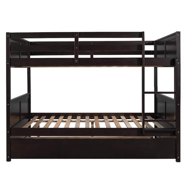 ANBAZAR Full Bunk Bed with Trundle, Solid Wood Bunk Bed with Guardrails and Ladders, Espresso