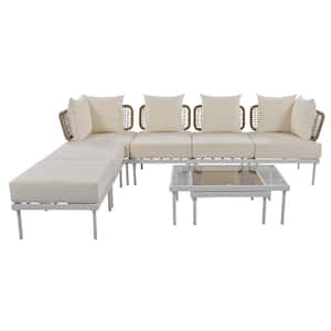 White 8-Piece Metal Outdoor Sectional Sofa Set with Beige Cushions, Tempered Glass Coffee Table and Wooden Coffee Table