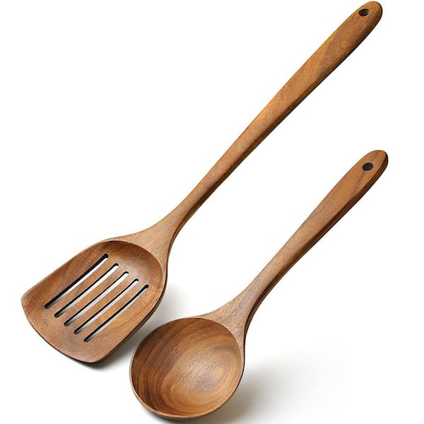 2-Piece Acacia Wood Cooking Utensil Set Natural Finish Slotted Spatula Rice Paddle Nonstick Kitchen Accessory