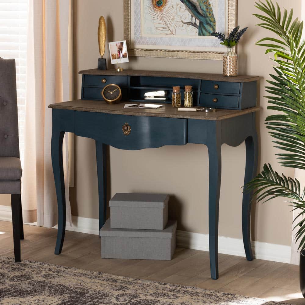 Celestine French Provincial Blue Spruce 40'' Wood Writing Desk with Brass Knobs
