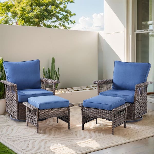 moosprr Seagull 4-Piece Brown Wicker Patio Conversation Set with Blue Cushions and Patio Swivel Chairs/Ottoman