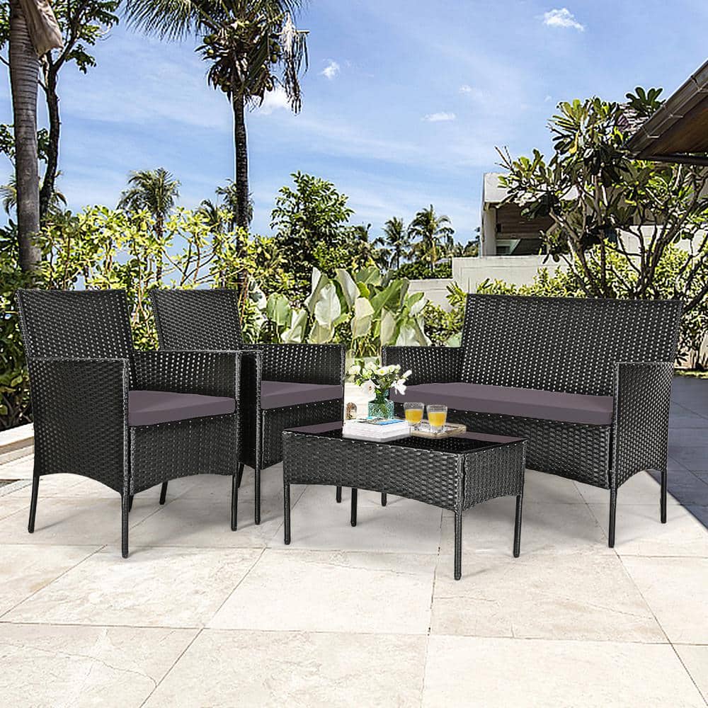 Gray and Off-White 4-Person Rattan Outdoor Sofa Set with Tempered Glass Table