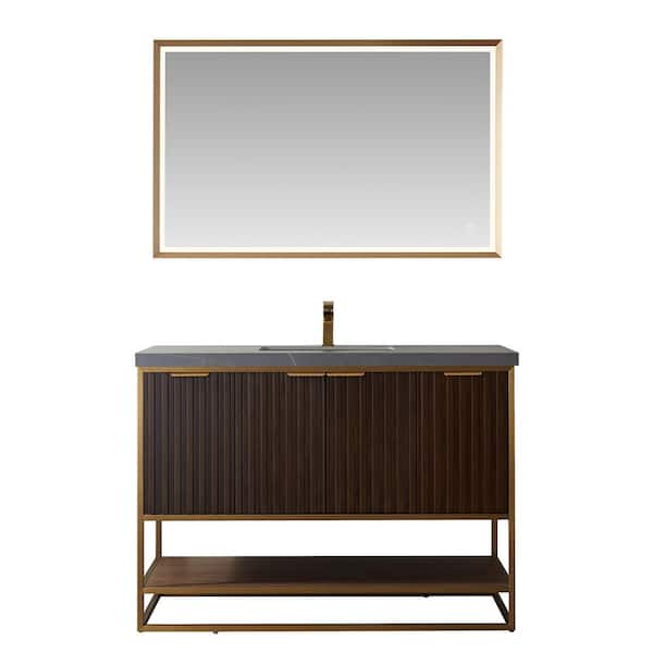 ROSWELL Donostia 48 in. W x 22 in. D x 34.6 in. H Single Sink Bath Vanity in Walnut with White Integrated Sink and Mirror