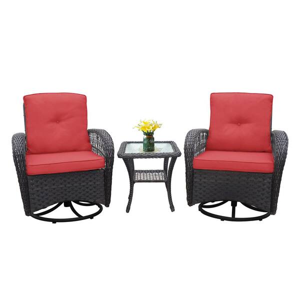Sudzendf 3-Piece Wicker Patio Conversation Set, Rocker Chair with Red Cushions, Glass Top Side Table