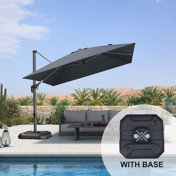 10 ft. Square Aluminum Outdoor Cantilever Patio Umbrella Offset 360° Rotation Umbrella with Base, in Gray