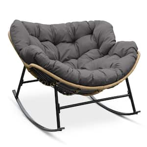 Oversized Beige PE Wicker Outdoor Rocking Chair Papasan Chair with Gray Cushion