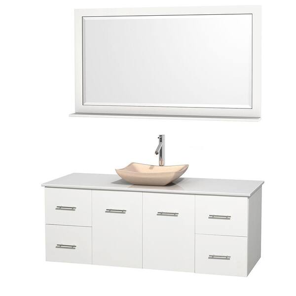 Wyndham Collection Centra 60 in. Vanity in White with Solid-Surface Vanity Top in White, Ivory Marble Sink and 58 in. Mirror