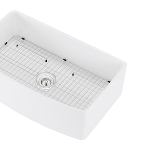 White Ceramic Clay 33 in. Lx20 in. W Single Bowl Farmhouse Apron Workstation Kitchen Sink With Leakage Bottom Grid