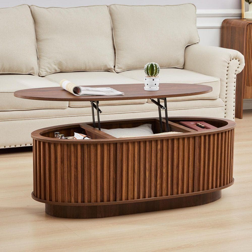 ATHMILE Vertical Bars Surrounding 43.3 in. Walnut Olive Oval MDF