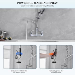 Commercial Restaurant Pull Down 2-Handle Wall Mount Pre-Rinse Spray Utility Kitchen Faucet in Polished Chrome