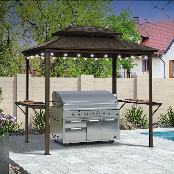 6 ft. x 8 ft. Hardtop Grill Gazebo for Patio Aluminum Barbecue Shelter Gazebo, Hooks,Shelves Double Tiered 24-Lights