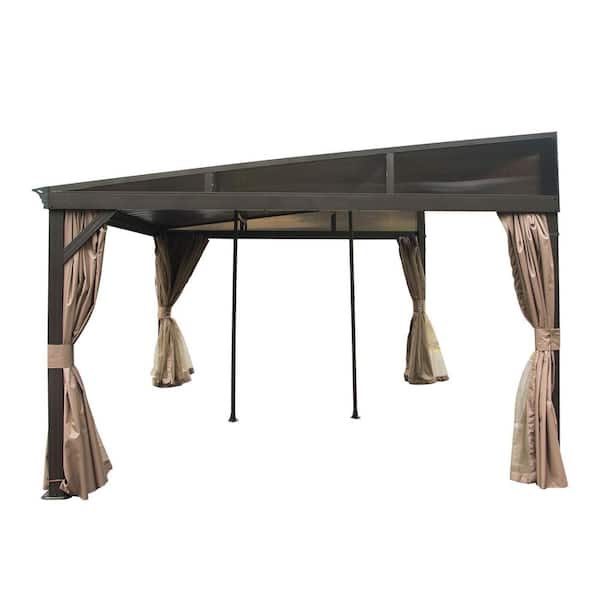 12 ft. x 14 ft. Brown Outdoor Aluminum Frame Galvanized Steel Roof Wall Mounted Gazebo Lean To with Curtains and Netting