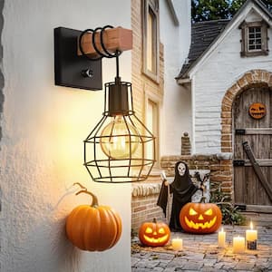 8.66 in. 1-Light Vintage Wooden Rustic Dimmable Wall Sconce for Indoor Living Room Bedroom w/ Black Cage Shade (1-Piece)