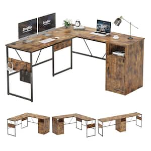 60 in. L shaped Rustic Brown Wood Desk with Cabinet and Hooks