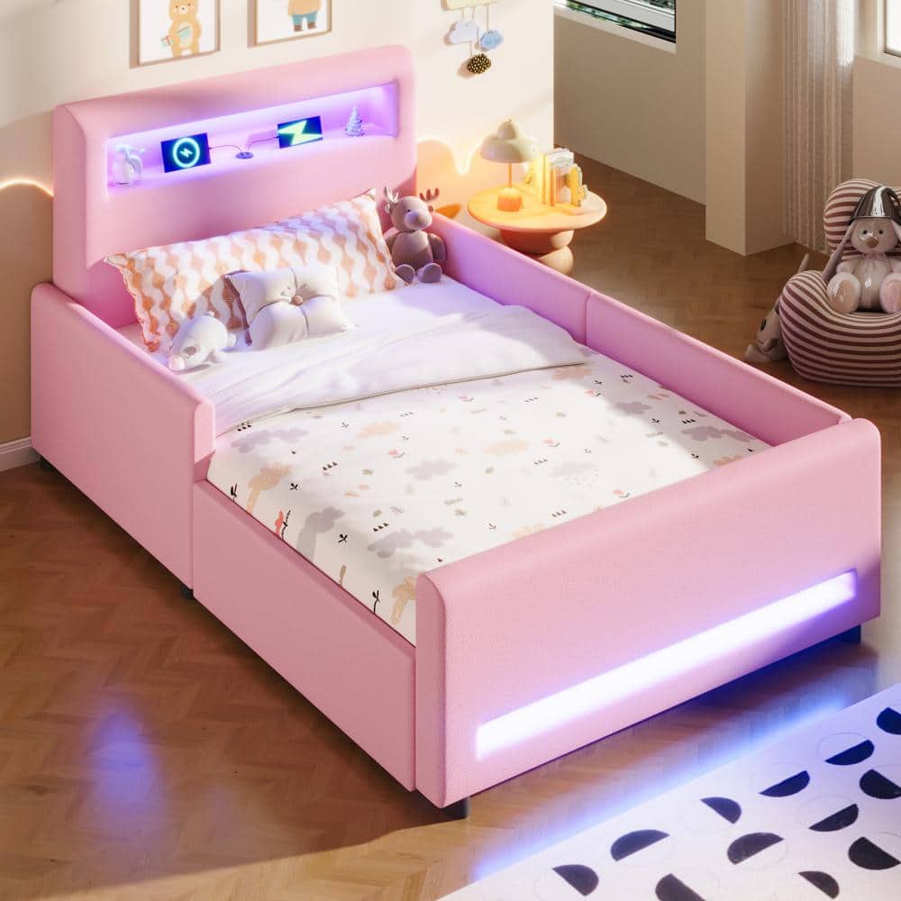Pink Wood Frame Twin Size Upholstered Platform Bed with Drawer, LED, USB price history on PriceWatchPro