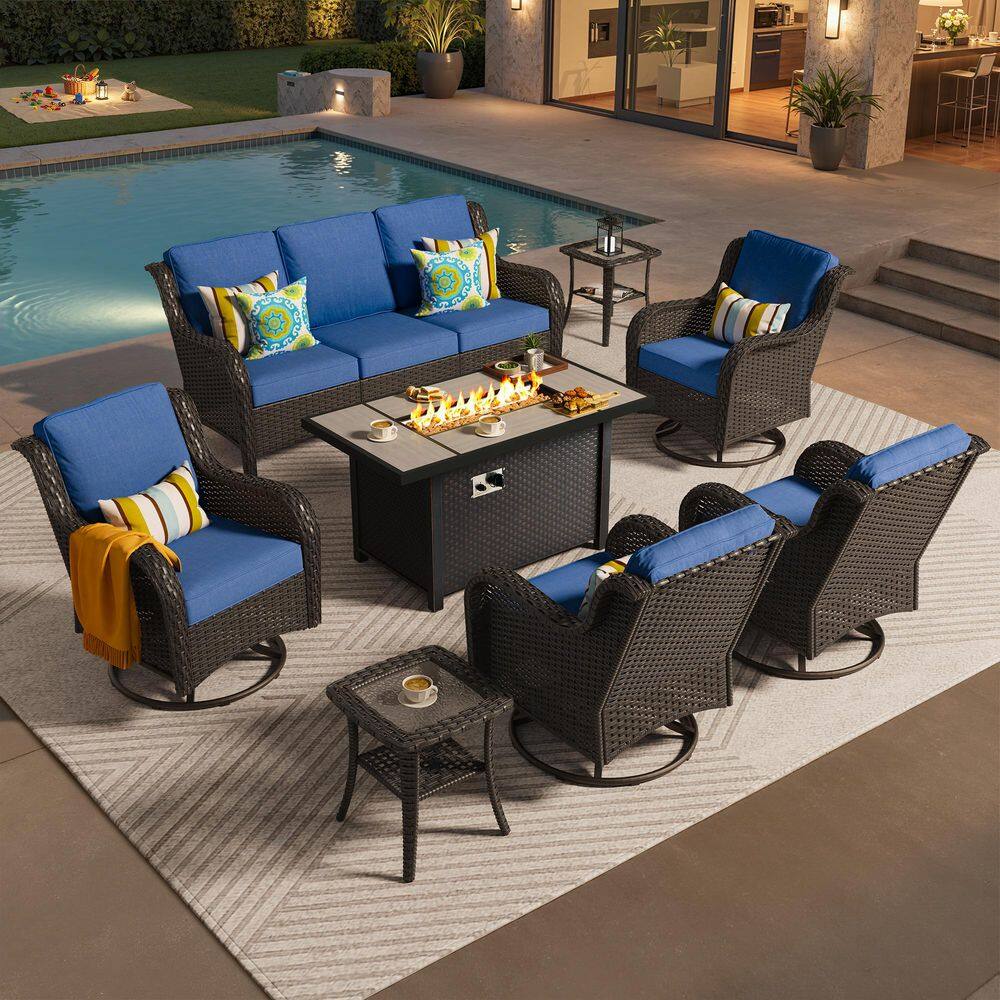 Garnet 8-Piece Wicker Outdoor Fire Pit Patio Conversation Sofa Set with Swivel Rocking Chairs and Navy Blue Cushions price history on PriceWatchPro